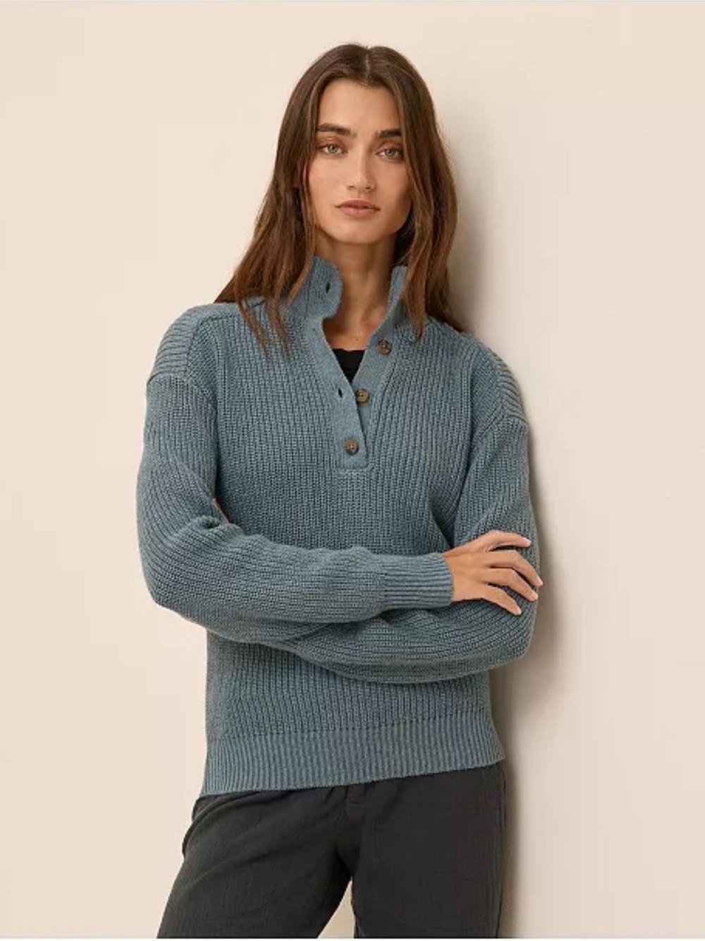 PACT XXXL Organic Cotton Luxe Knit Henley Sweater in Dusty Blue